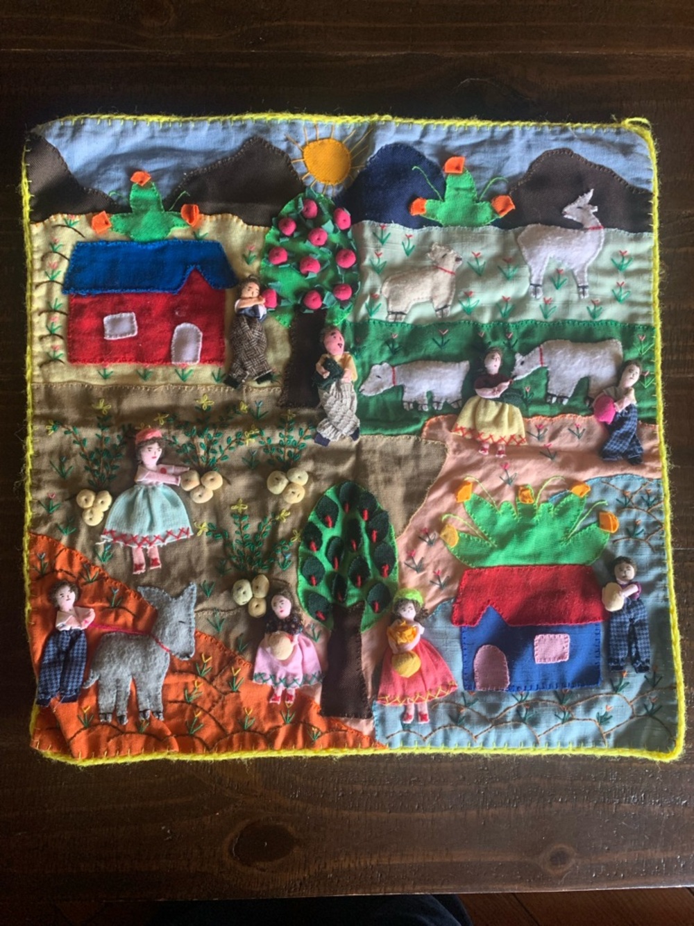 Vintage Folk Art Tapestry Wall Hanging Farm Harvest Peru Handmade Embroidered
